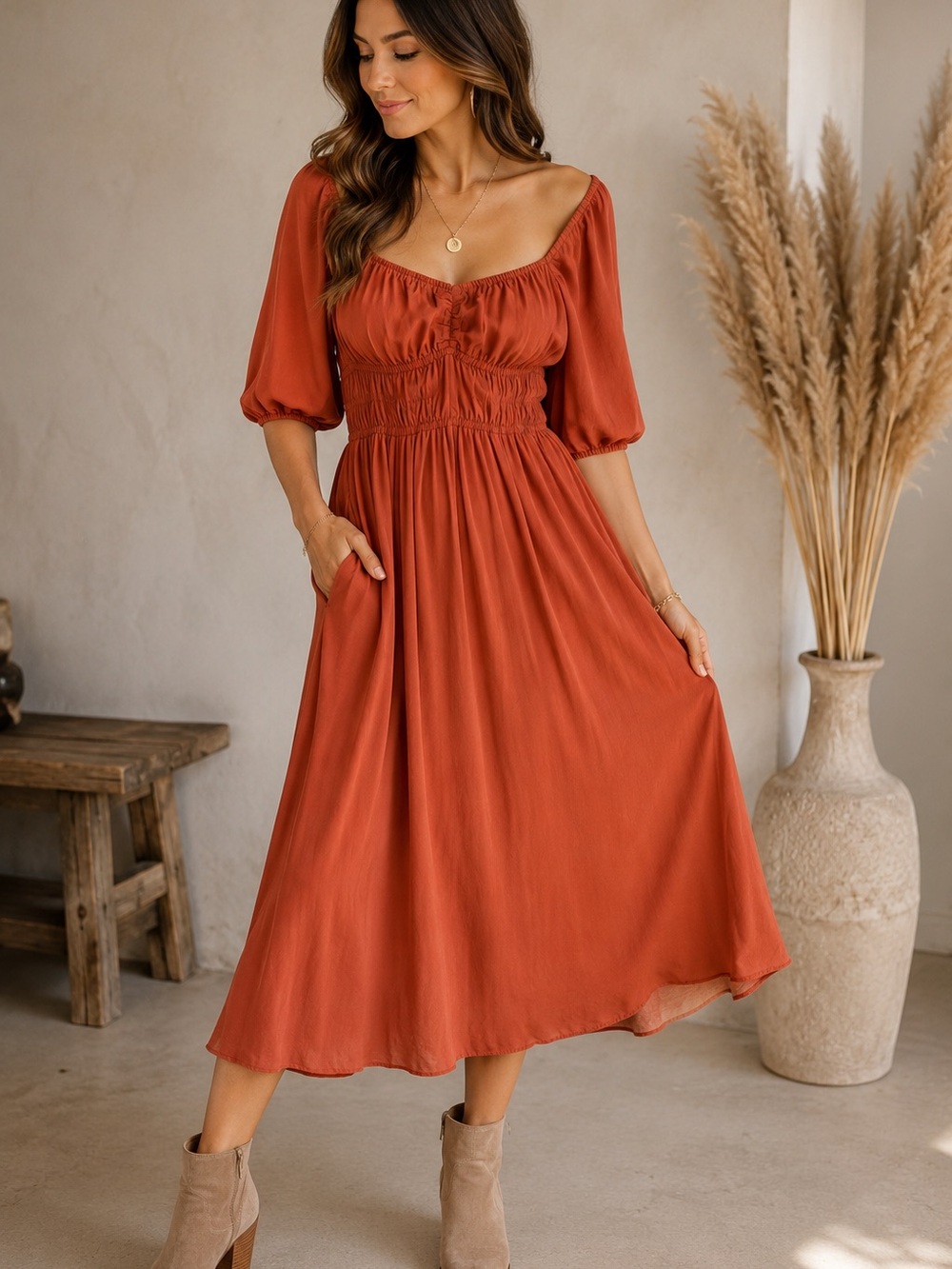 Bohme Rust Midi Dress Large Puff Sleeve Smocked Empire Waist Cottagecore Boho